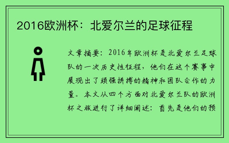 2016欧洲杯：北爱尔兰的足球征程